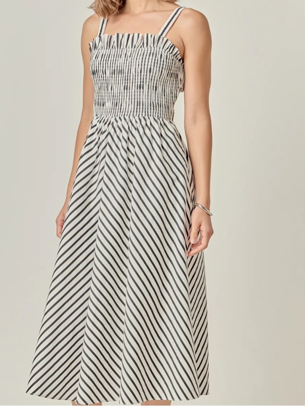 NWT English Factory Striped Smocked Open Back Midi Dress in Black/White Size Med